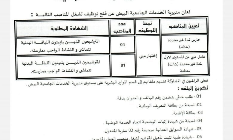 اعلان توظيف بمديرية الخدمات الجامعية لولاية البيض