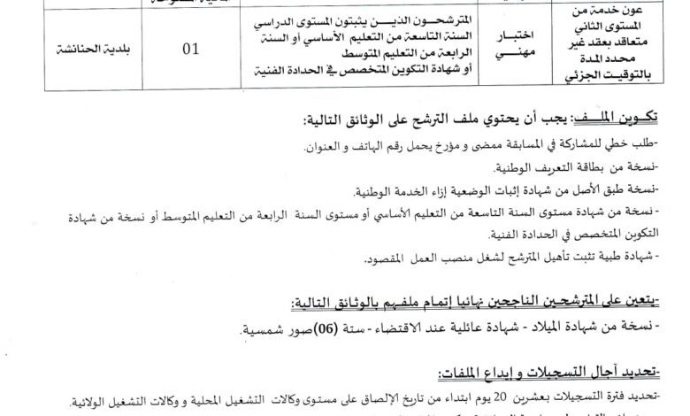 اعلان توظيف ببلدية الحنانشة ولاية سوق أهراس