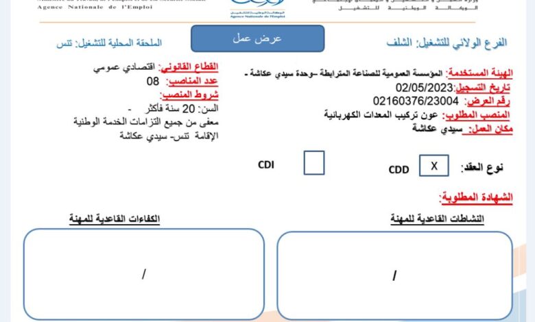 عرض عمل بالمؤسسة العمومية للصناعة المترابطة وحدة سيدي عكاشة الشلف