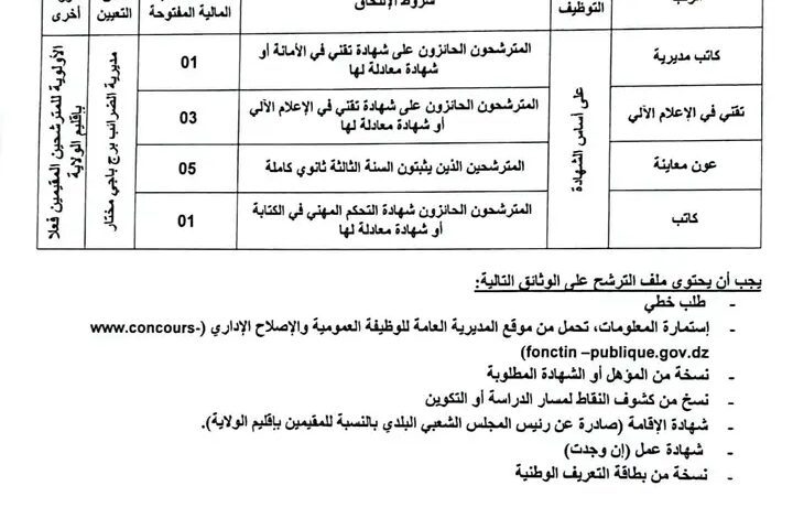 اعلان مسابقة توظيف بمديرية الولائية برج باجي مختار