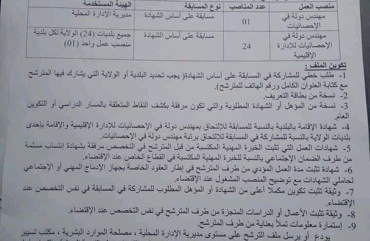 اعلان مسابقة توظيف بمديرية الإدارة المحلية في مختلف ولايات الوطن