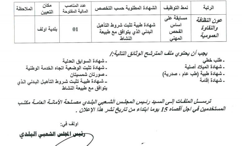اعلان توظيف ببلدية أولف ولاية أدرار