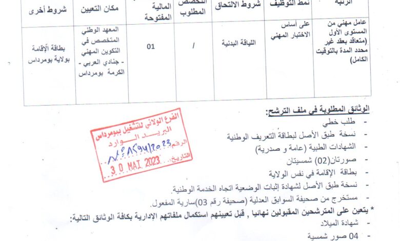 اعلان توظيف بمعهد الوطني المتخصص في التكوين المهني جنادي العربي الكرمة بومرداس