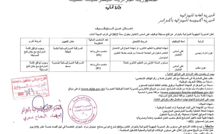 اعلان مسابقة توظيف بالمديرية الجهوية بولاية الجزائر تيزي وزو البويرة الجلفة بومرداس