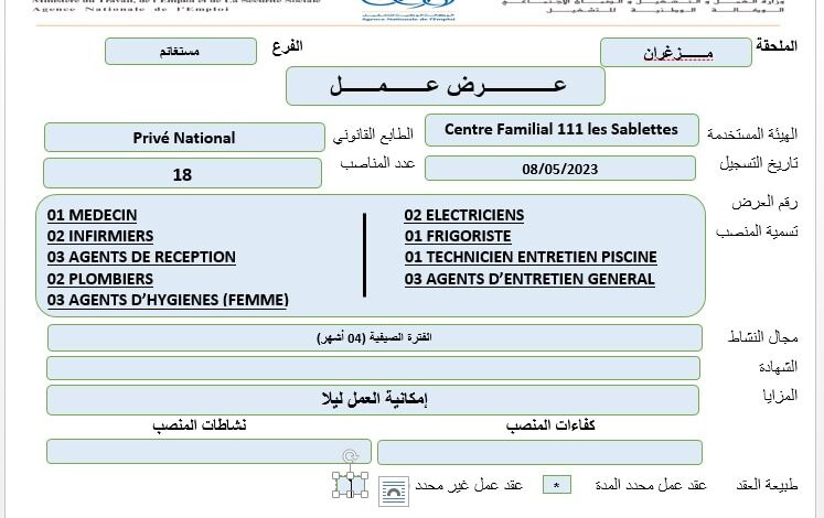 عرض عمل بمؤسسات خاصة بولاية مستغانم 27 منصب