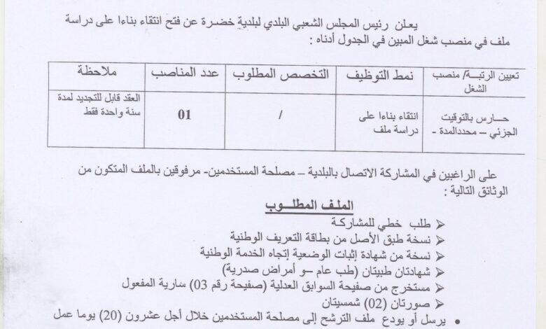 إعلان توظيف ببلدية خضرة ولاية مستغانم