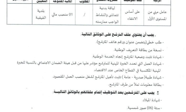 اعلان توظيف ببلدية القيقبة ولاية باتنة