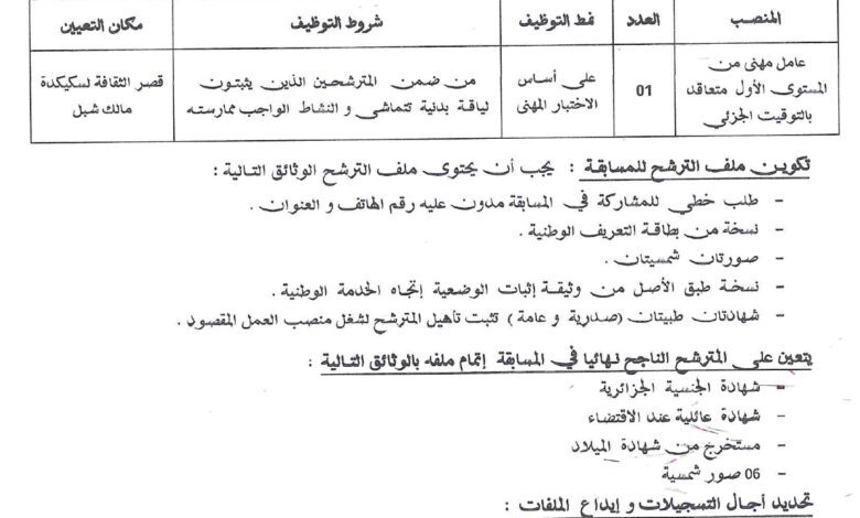 اعلان توظيف بقصر الثقافة ولاية سكيكدة