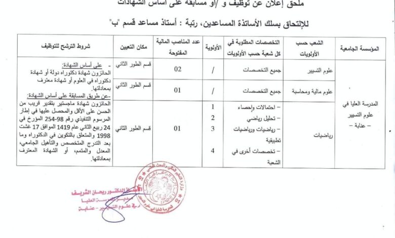 اعلان توظيف بمدرسة العليا في علوم التسيير عنابة