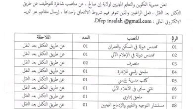 اعلان مناصب شاغرة للتوظيف بمديرية التكوين والتعليم المهنيين عين صالح