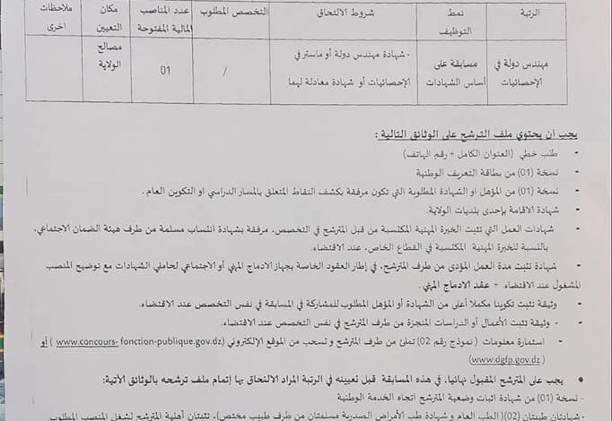 اعلان توظيف بمديرية الادارة المحلية لولاية معسكر