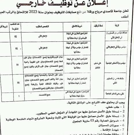 اعلان مسابقة توظيف بجامعة قاصدي مرباح ورقلة