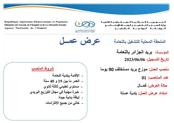 اعلان توظيف ببريد الجزائر ولاية النعامة والبيض