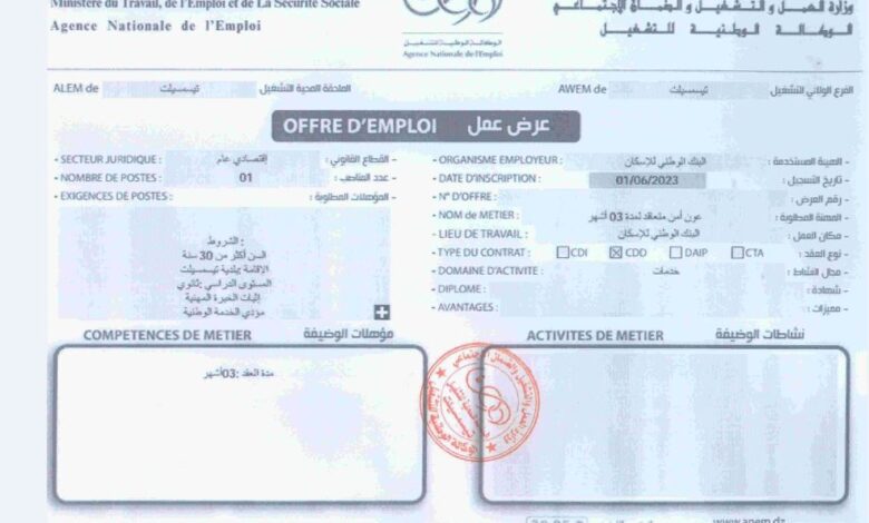 عرض عمل ببنك الوطني والاسكان تيسمسيلت