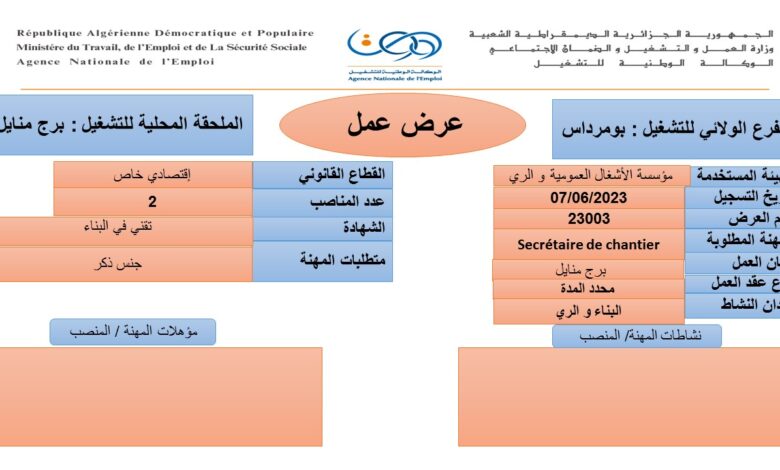 عرض عمل بمؤسسة الأشغال العمومية والري بومرداس
