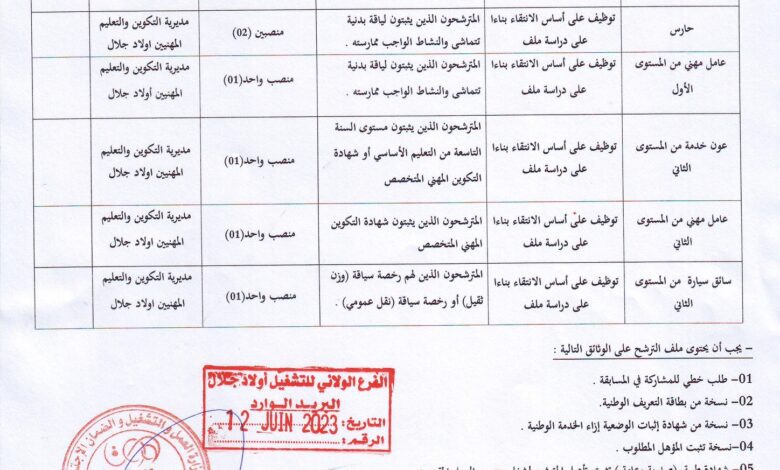 اعلان توظيف بمديرية التكوين و التعليم المهنيين أولاد جلال