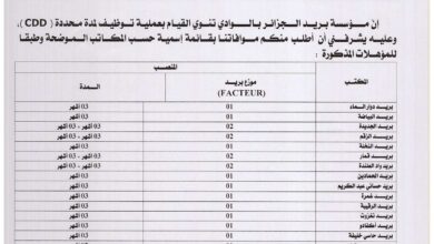 اعلان توظيف مناصب مؤقته ببريد الجزائر ولاية الوادي 22 منصب مستوى 3 ثانوي