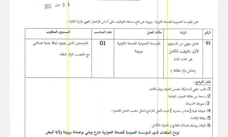 اعلان توظيف بالمؤسسة العمومية للصحة الجوارية بريزينة البيض