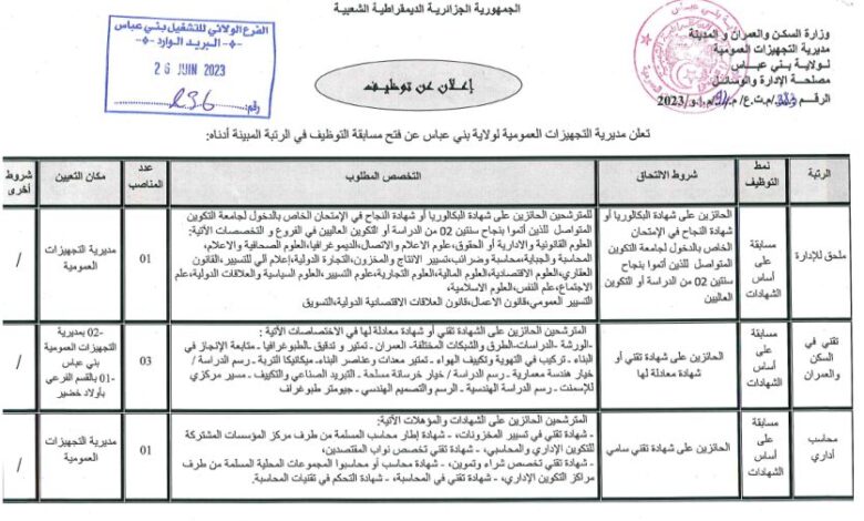 اعلان توظيف بمديرية التجهيزات العمومية لولاية بني عباس