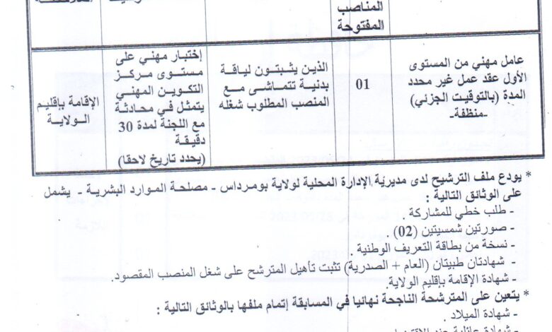 اعلان عن توظيف بالمديرية المحلية لولاية بومرداس