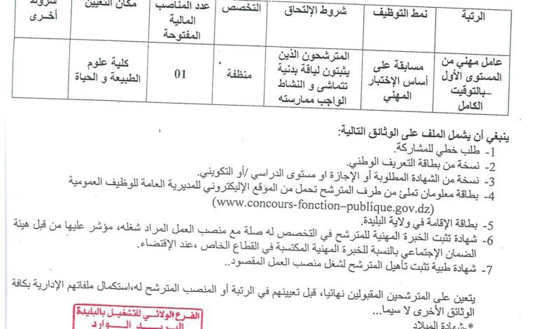 اعلان توظيف بجامعة البليدة 1 كلية علوم الطبيعة والحياة