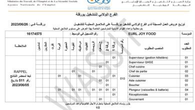 عرض عمل بشركة جوي فود EURL JOY FOOD حاسي مسعود 59 منصب