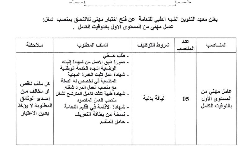 اعلان توظيف بمعهد التكوين الشبه الطبي للنعامة
