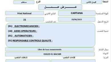 عرض عمل بشركة CARTANA مستغانم 21 منصب