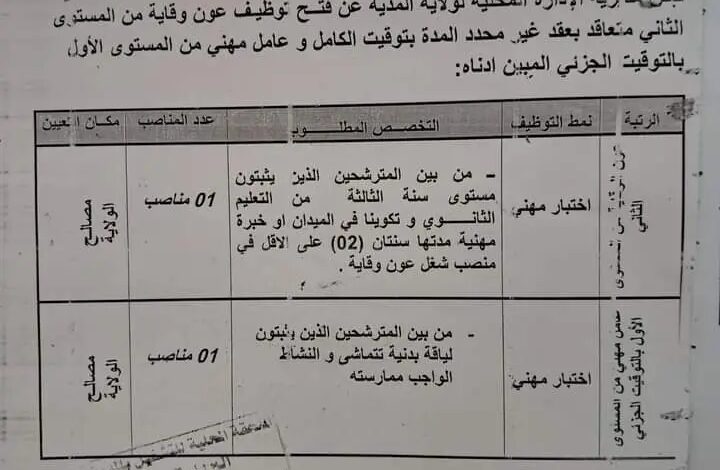 اعلان توظيف بمديرية الادارة المحلية لولاية المدية