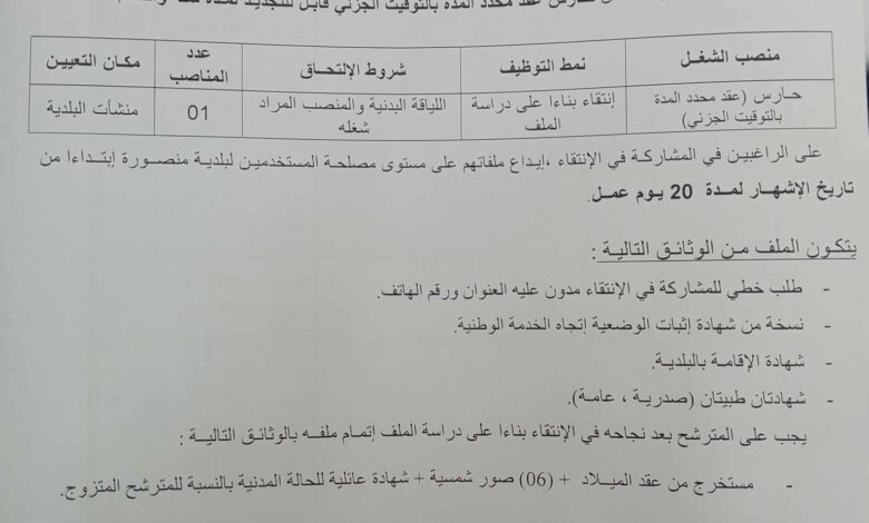 اعلان توظيف ببلدية منصورة ولاية مستغانم