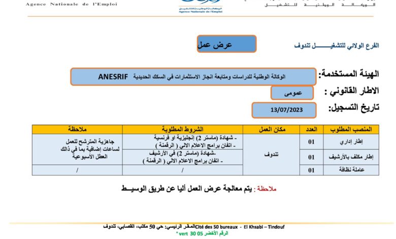 اعلان توظيف بالوكالة الوطنية للدراسات ومتابعة انجاز الاستثمارات في السكك الحديدية تندوف