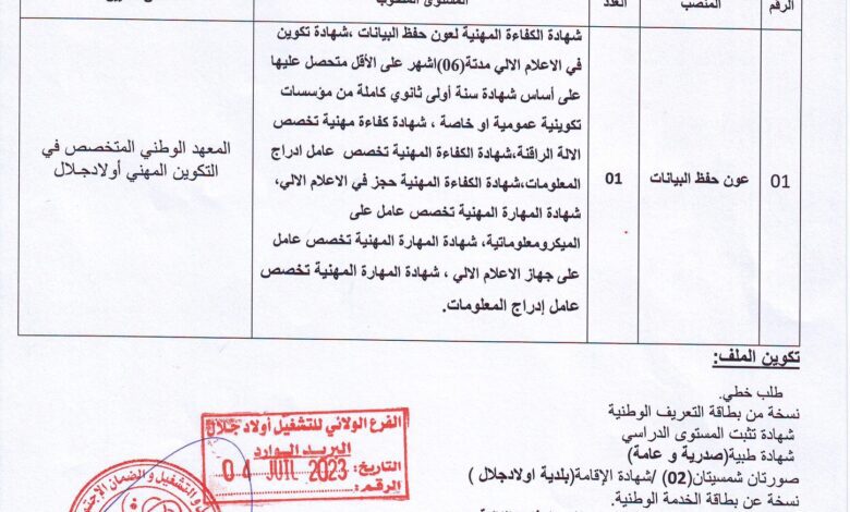 اعلان توظيف بالمعهد الوطني المتخصص في التكوين المهني المجاهد بوزيد سماتي أولاد جلال