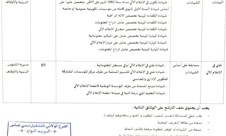 اعلان توظيف بمديرية الشؤون الدينية والأوقاف بني عباس