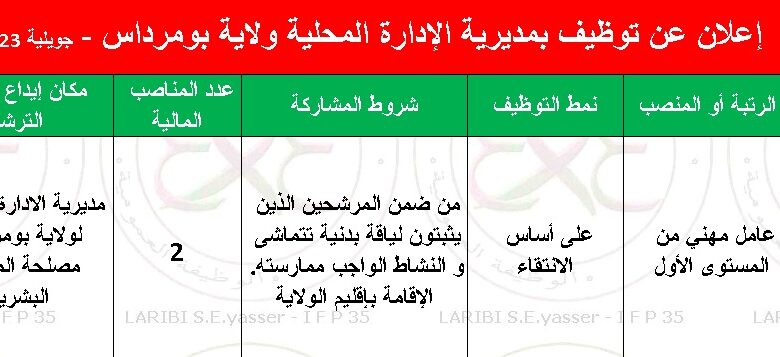 إعلان توظيف بمديرية الإدارة المحلية ولاية بومرداس