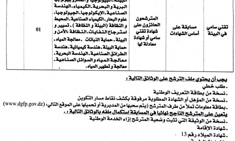 اعلان توظيف بمديرية البيئة لولاية معسكر