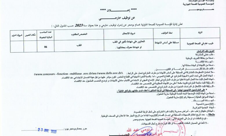 اعلان توظيف بالمؤسسة العمومية للصحة الجوارية حمام بوحجر عين تيموشنت