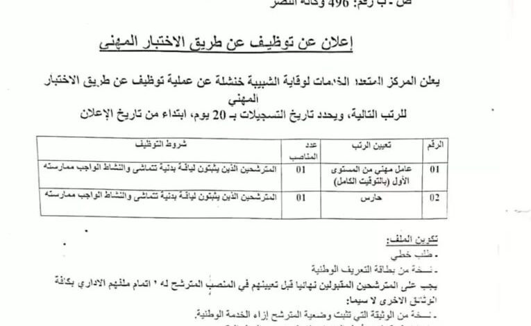 اعلان توظيف بالمركز المتعدد الخدمات لوقاية الشبيبة خنشلة