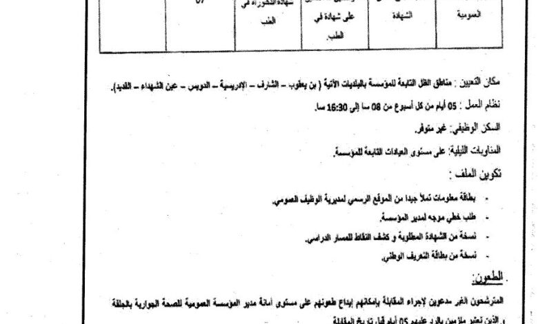 اعلان توظيف بالمؤسسة العمومية للصحة الجوارية الجلفة