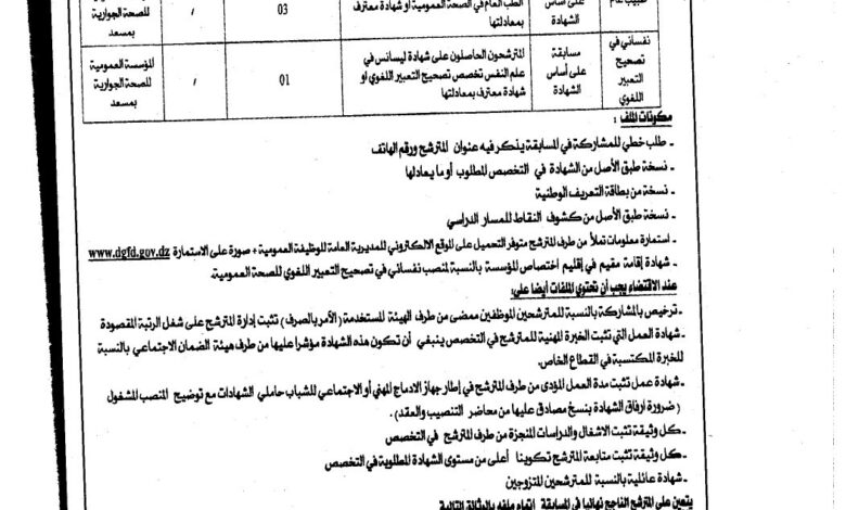 اعلان توظيف بالمؤسسة العمومية للصحة الجوارية بمسعد الجلفة