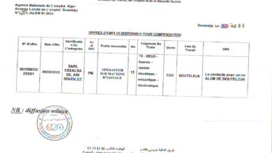 عرض عمل بمؤسسة سلسبيل عين بوقلاز صالح الطارف 12 منصب