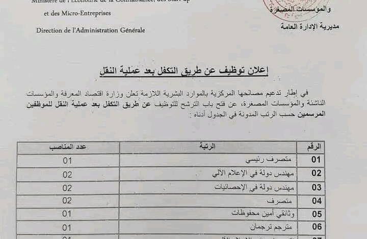 اعلان توظيف عن طريق التكفل بوزارة إقتصاد المعرفة والمؤسسات الناشئة