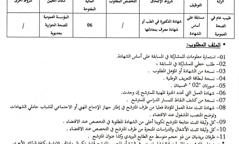 اعلان توظيف بالمؤسسة العمومية للصحة الجوارية جديوية غليزان