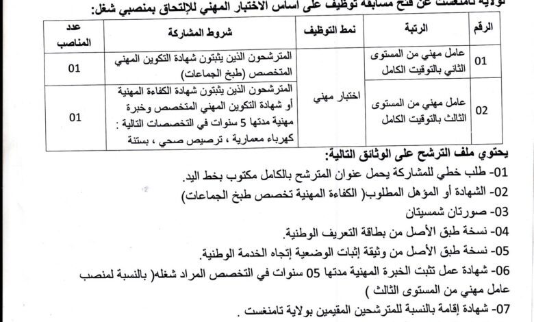 اعلان توظيف بمعهد الوطني المتخصص للأسلاك الخاصة الشؤون الدينية والأوقاف لولاية تمنراست