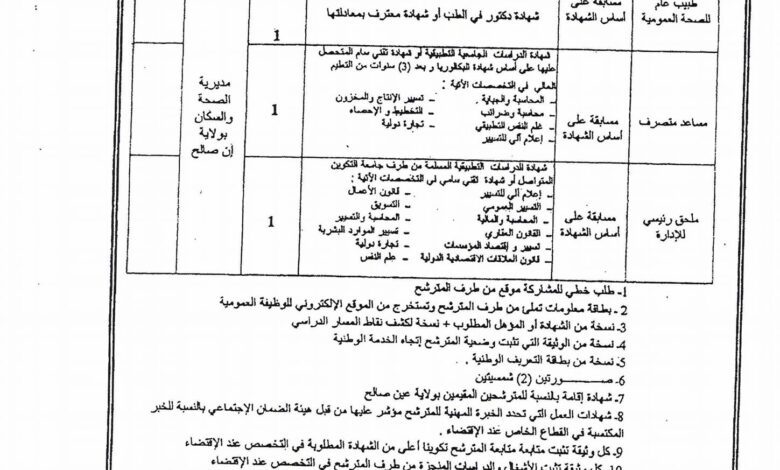 اعلان توظيف بمديرية الصحة والسكان لولاية عين صالح