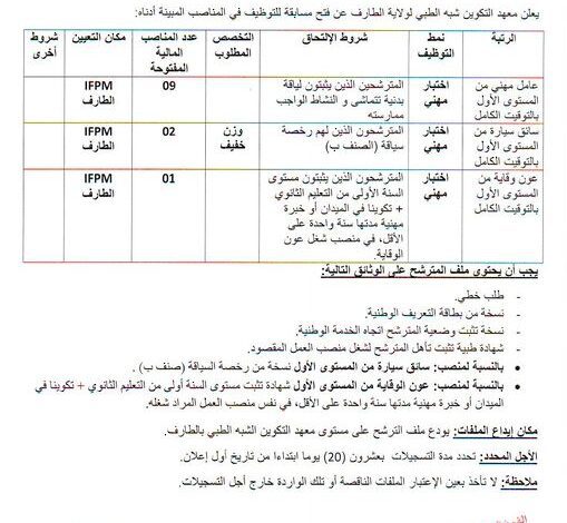 اعلان توظيف بمعهد التكوين شبه الطبي لولاية الطارف