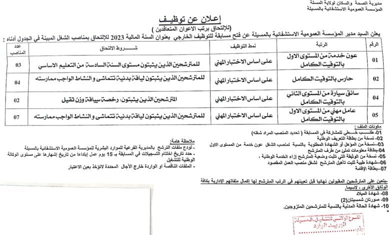 اعلان توظيف بالمؤسسة العمومية الاستشفائية بالمسيلة 16 منصب