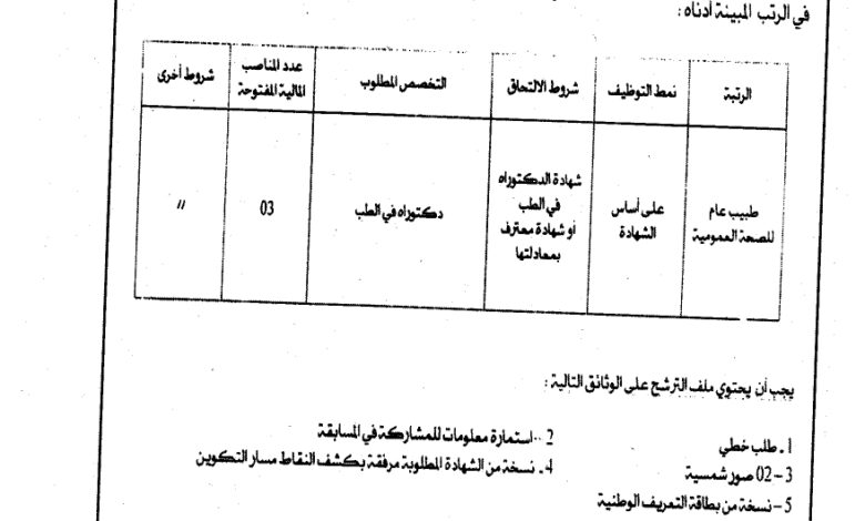 اعلان توظيف بالمؤسسة العمومية للصحة الجوارية بحاسي بحبح