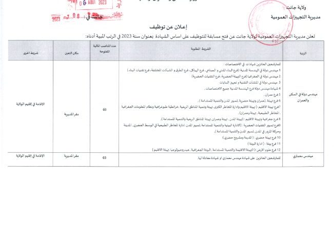 اعلان توظيف بمديرية التجهيزات العمومية لولاية جانت 11 منصب اداري