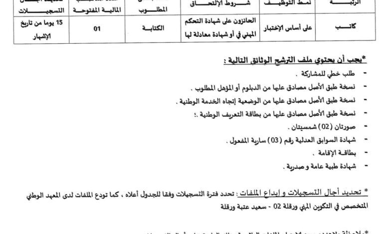 اعلان توظيف بالمعهد الوطني المتخصص في التكوين المهني ورقلة 02
