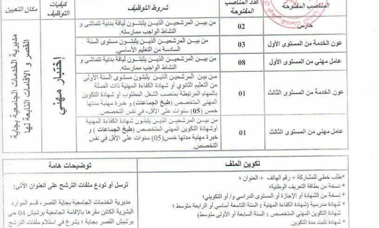 اعلان توظيف بمديرية الخدمات الجامعية القصر بجاية